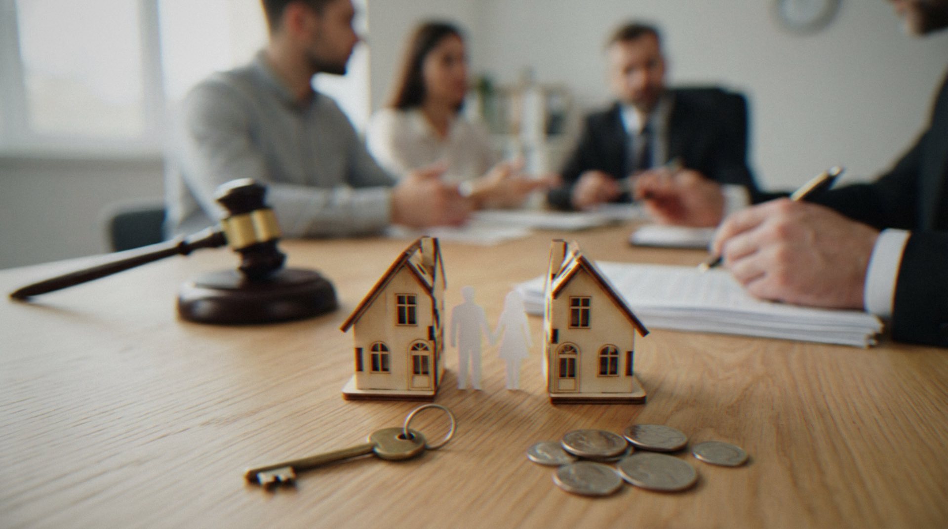 four people sitting at a desk blurrder with a gavel, a small wooden house broken in half and change in front of them