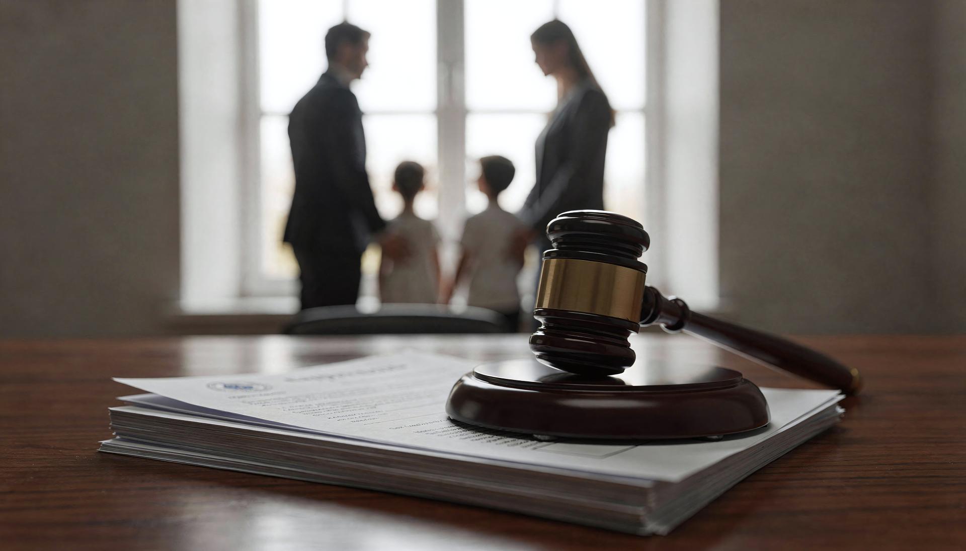 A couple sits with their children by a window with a gavel resting on its stand in the foreground.